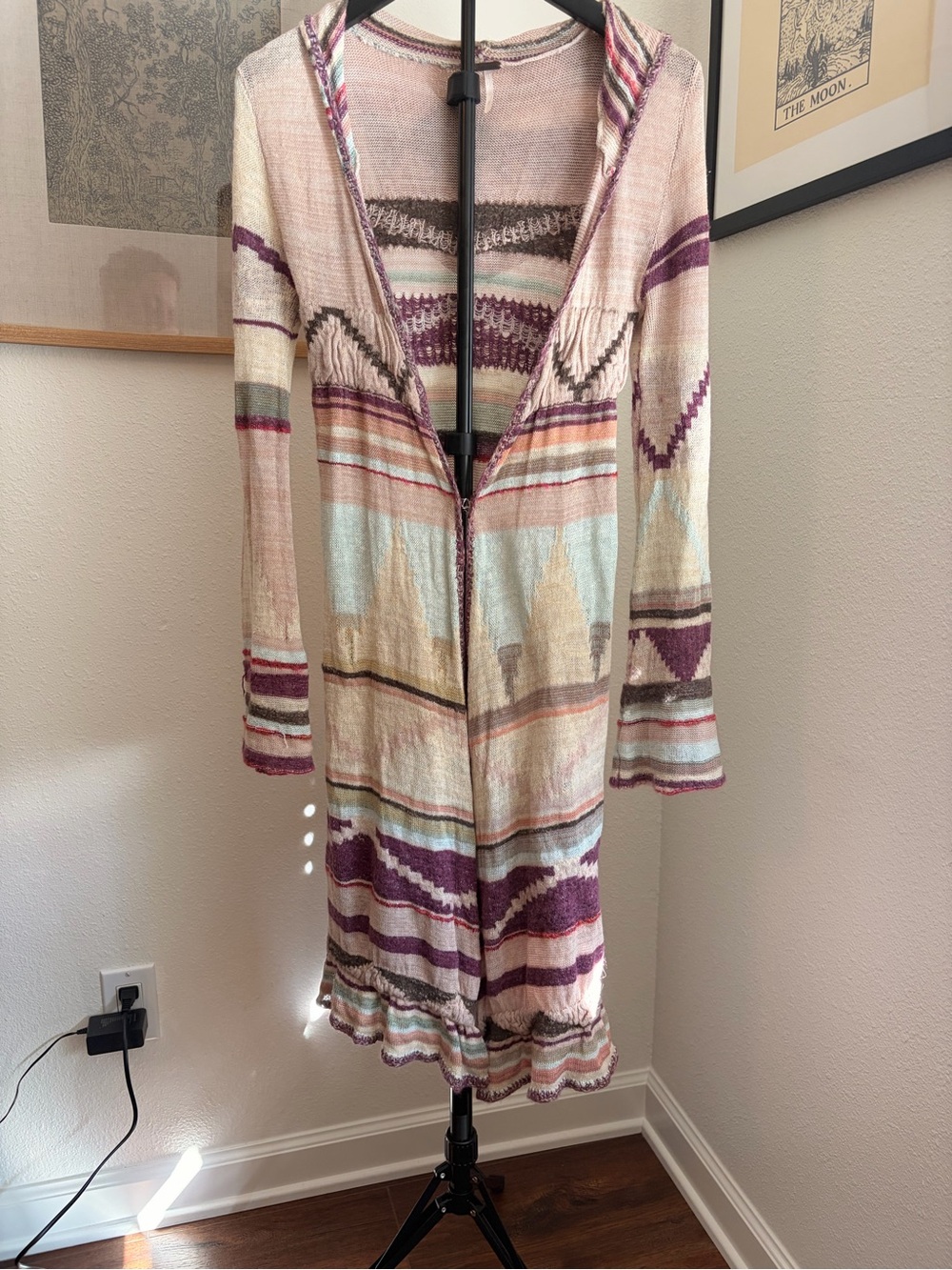 Free People Lightweight Hooded Long Cardigan in Cream and Purple